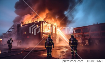 Firefighter with water hose extinguishing fire, Firefighter wearing a fire suit for safety. 104030669