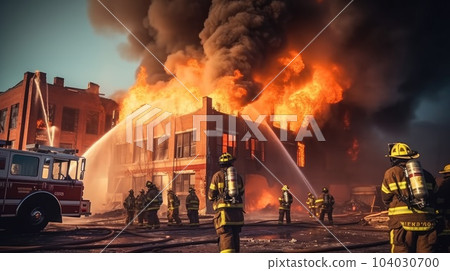 Fireman extinguish fire with the hose, Firefighter and industrial safety concept. 104030700