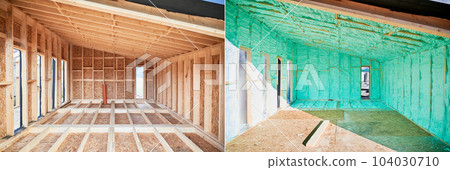 Photo collage before and after thermal insulation room in wooden frame house in Scandinavian style barn house. Comparison of walls sprayed by polyurethane foam. Construction and insulation concept. Photo collage before and after thermal insulation room in wooden frame house in Scandinavian style barn house. Comparison of walls sprayed by polyurethane foam. Construction and insulation concept. 104030710