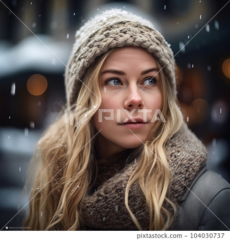 Close-up of a girl in a knitted hat and long hair in a winter entourage. AI generated, AI generative, AI generativ. 104030737