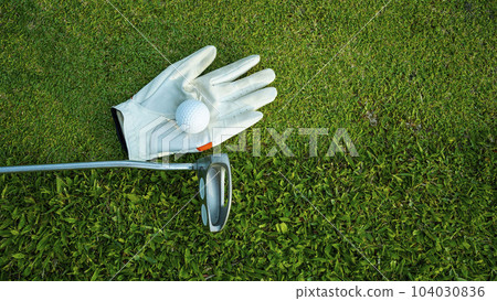 Golf equipment on green grass, close up view. 104030836
