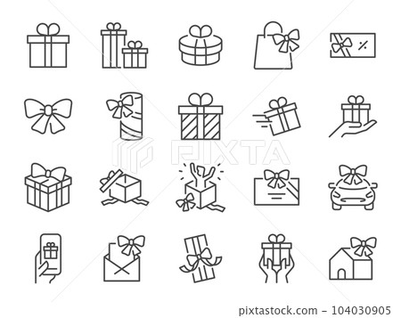 Gift icon set. It included present, allowance, award, benefit ,bonus, offering, and more icons. Editable Vector Stroke. 104030905