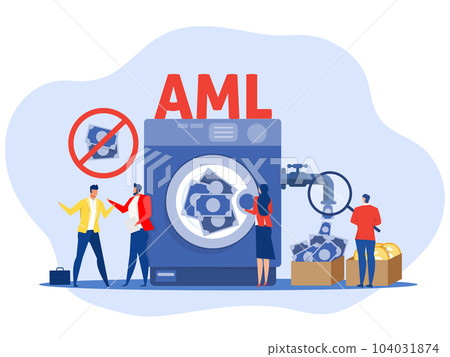 Anti Money Laundering acronym or Aml or Against Money Laundering,Aml Washing Machine Stop Corruption and Illegal Business. Cartoon People Vector Illustration 104031874