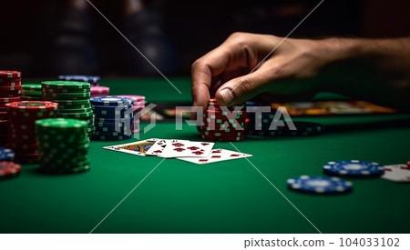 casino, gambling, poker, people and entertainment concept close up of poker player with playing cards and chips at green casino table in casino 104033102