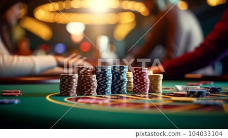 casino, gambling, poker, people and entertainment concept close up of poker player with playing cards and chips at green casino table in casino casino, gambling, poker, people and entertainment concept close up of poker player with playing cards and chips at green casino table in casino 104033104