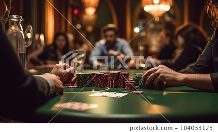 casino, gambling, poker, people and entertainment concept close up of poker player with playing cards and chips at green casino table in casino casino, gambling, poker, people and entertainment concept close up of poker player with playing cards and chips at green casino table in casino 104033123