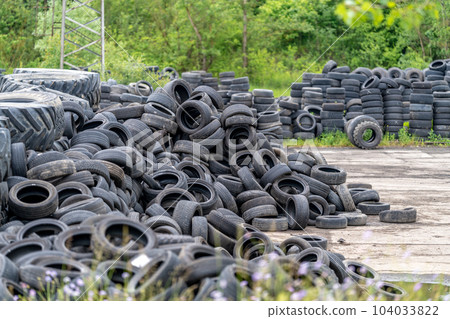 recycling and processing of old tires, outdoor storage of used tires 104033822