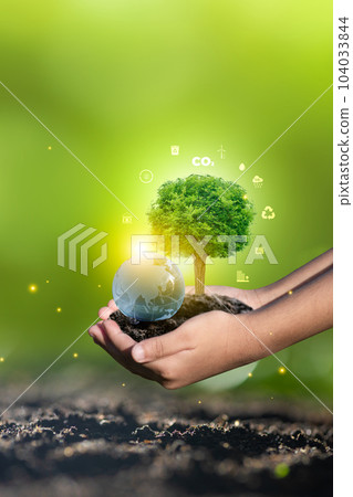 Natural environment and carbon neutral concepts in hand for net zero emissions targets. Weather-neutral long-term strategy Target Cloud in Green Net Zero 104033844