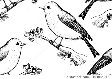 Seamless pattern with funny birds, flowers, leaves. Flat vector illustration with cartoon bird silhouette. Cute characters. Design for invitation, poster, card, textile, fabric 104034018