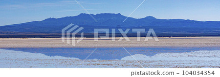 Shallow lagoon in Bolivian High Desert reflects the mountain behind it Shallow lagoon in Bolivian High Desert reflects the mountain behind it 104034354