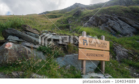 High Tauras National Park sign in alpine environment, Austrian Alps, Europe 104034889