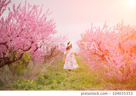 Woman blooming peach orchard. Against the backdrop of a picturesque peach orchard, a woman in a long dress and hat enjoys a peaceful walk in the park, surrounded by the beauty of nature. Woman blooming peach orchard. Against the backdrop of a picturesque peach orchard, a woman in a long dress and hat enjoys a peaceful walk in the park, surrounded by the beauty of nature. 104035353