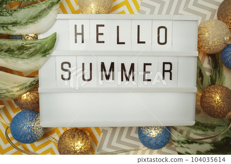 Hello Summer word in lightbox with Monstera Leaves and LED cotton balls decoration 104035614