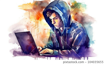 Watercolor painting of hipster or hacker or computer gamer at an open laptop sitting at a desk in a hoodie 104035655