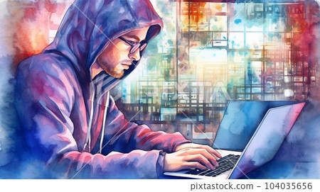 Watercolor painting of hipster or hacker or computer gamer at an open laptop sitting at a desk in a hoodie 104035656
