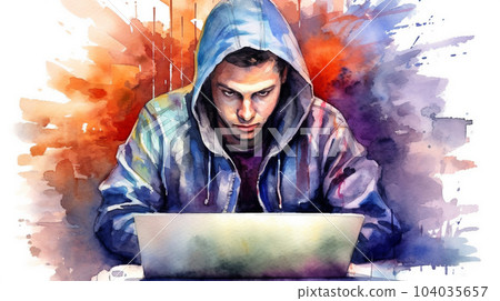 Watercolor painting of hipster or hacker or computer gamer at an open laptop sitting at a desk in a hoodie 104035657