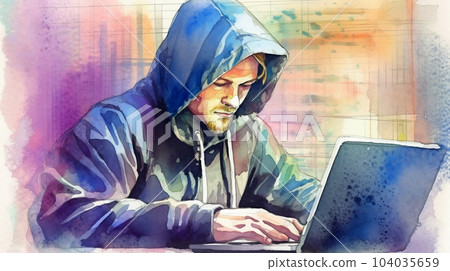 Watercolor painting of hipster or hacker or computer gamer at an open laptop sitting at a desk in a hoodie 104035659