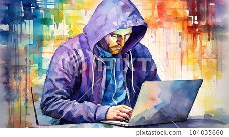 Watercolor painting of hipster or hacker or computer gamer at an open laptop sitting at a desk in a hoodie 104035660