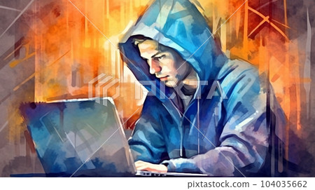 Watercolor painting of hipster or hacker or computer gamer at an open laptop sitting at a desk in a hoodie 104035662