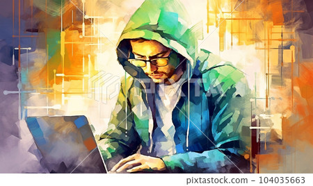 Watercolor painting of hipster or hacker or computer gamer at an open laptop sitting at a desk in a hoodie 104035663