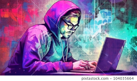 Watercolor painting of hipster or hacker or computer gamer at an open laptop sitting at a desk in a hoodie 104035664