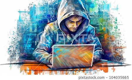 Watercolor painting of hipster or hacker or computer gamer at an open laptop sitting at a desk in a hoodie 104035665