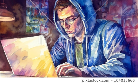 Watercolor painting of hipster or hacker or computer gamer at an open laptop sitting at a desk in a hoodie 104035666