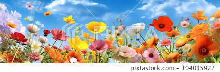 Beautiful tulips on the background of the sky, a field of the village, for banners and flyers Beautiful tulips on the background of the sky, a field of the village, for banners and flyers 104035922