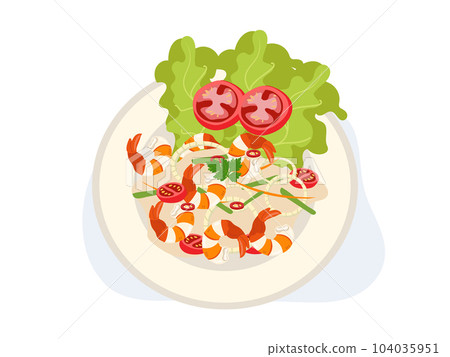 Vermicelli and shrimp salad, a popular Thai salad. Spicy Thai food. Top view. cartoon vector illustration Vermicelli and shrimp salad, a popular Thai salad. Spicy Thai food. Top view. cartoon vector illustration 104035951