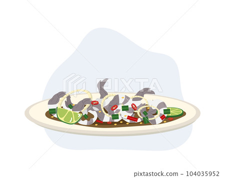 Spicy Shrimp Salad or Shrimp in pickle Fish Sauce. Delicious food. Thai food . cartoon vector illustration 104035952