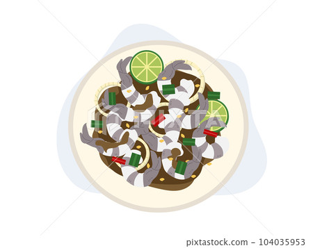 Spicy Shrimp Salad or Shrimp in pickle Fish Sauce. Delicious food. Thai food. top view. cartoon vector illustration 104035953