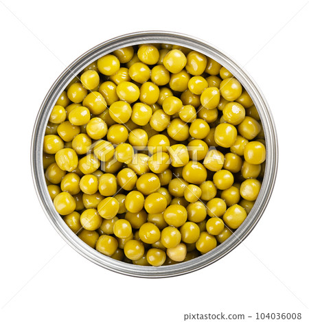 Canned green peas, in an open can. Small spherical seeds of the pod fruit Pisum sativum, boiled and canned to preserve the legumes. Closeup, from above, isolated on white background, macro food photo. Canned green peas, in an open can. Small spherical seeds of the pod fruit Pisum sativum, boiled and canned to preserve the legumes. Closeup, from above, isolated on white background, macro food photo. 104036008