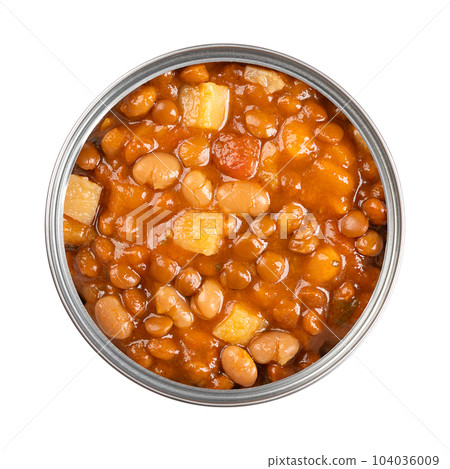 Lentil and bean stew, in an opened can. French stew of brown lentils, white beans, potatoes, tomatoes, onions and herbs, cooked in liquid and served in the resultant gravy. Close-up, macro food photo. 104036009