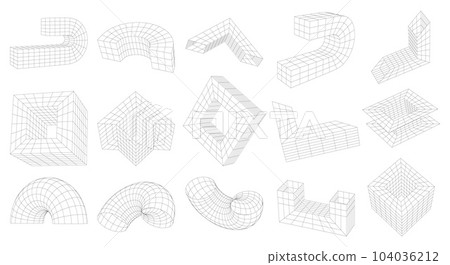 Vector Abstract Strange Geometric Wireframe 3D shapes. Perspective distorted grid, 3D Technology Mesh. Set of Different Linear elements inspired by brutalism, graphic design objects Vector Abstract Strange Geometric Wireframe 3D shapes. Perspective distorted grid, 3D Technology Mesh. Set of Different Linear elements inspired by brutalism, graphic design objects 104036212