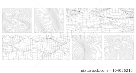 Abstract Vector wavy lines on a white background. Set of Geometric dynamic waves. 3D technology wireframe, abstract mountain landscape. Distorted wireframe elements. Geometric surface grid. Abstract Vector wavy lines on a white background. Set of Geometric dynamic waves. 3D technology wireframe, abstract mountain landscape. Distorted wireframe elements. Geometric surface grid. 104036213