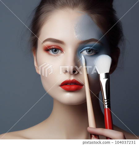 Beautiful young woman applying cosmetic on face, studio. Cosmetics and Professional Makeup concept. Front portrait of an attractive girl with makeup brush in hand in front of the face. AI generated 104037231