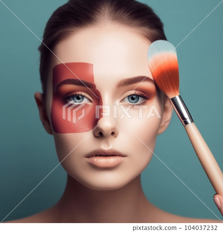 Beautiful young woman applying cosmetic on face, studio. Cosmetics and Professional Makeup concept. Front portrait of an attractive girl with make-up brush in hand at face. AI generated 104037232