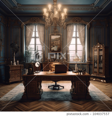 Luxury classic interior of office. Vintage furniture. Luxury design interior of business ceo room in classic style with bookshelves.  AI generated. Luxury interior with classic wooden furniture. 104037557