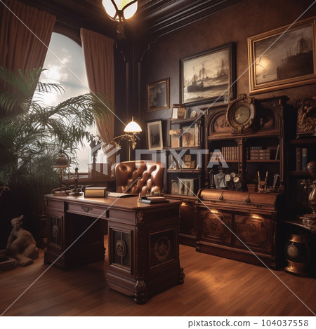 Luxury classic interior of office. Vintage furniture. Luxury design interior of business ceo room in classic style with bookshelves.  AI generated. Luxury interior with classic wooden furniture. 104037558