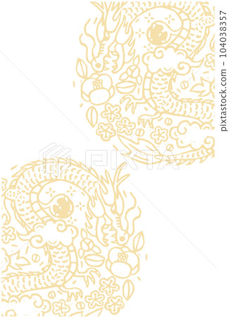 Print-style background illustration of a dragon and flowers 104038357