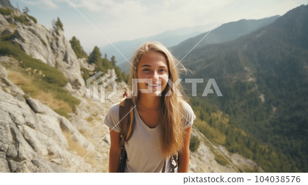 Girl Traveler Hiking Backpack Rocky Mountains Stock Photo