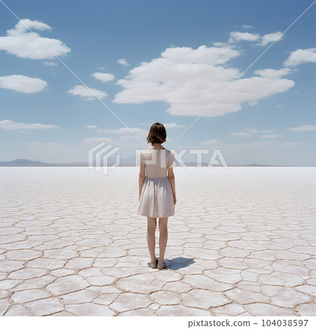 Woman in white dress standing on the salar de Uyuni, Bolivia. Woman in white dress standing on the salt lake. Woman in short dress standing on salt lake and looking at blue sky. AI generated 104038597