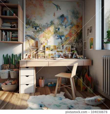 Beautiful Modern interior design of room for child.  Children's room with wooden furniture table and a chair.  3d render. Children's room in a children's style.   AI generated interior design. 104038678