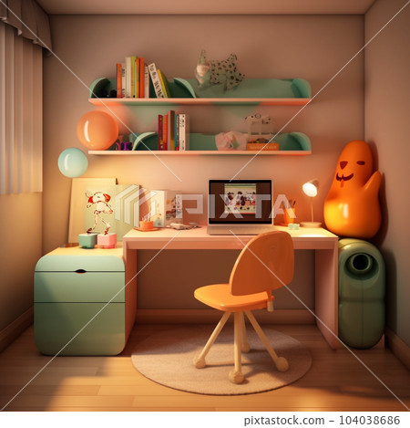 Beautiful Modern interior design of room for child. Beautiful Children's room with stylish furniture in beige tones. 3d render. Children's room in a children's style. AI generated interior design. Beautiful Modern interior design of room for child. Beautiful Children's room with stylish furniture in beige tones. 3d render. Children's room in a children's style. AI generated interior design. 104038686