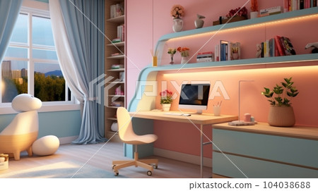 Beautiful Modern interior design of room for child.  Beautiful Children's room with stylish furniture in pastel colors. 3d render. Children's room in a children's style.   AI generated interior design 104038688