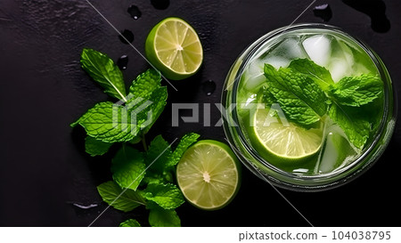 Top view of refreshing mint cocktail mojito in a glass on black background with lime, mint leaves and ice, neural network generated image 104038795