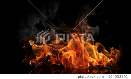 orange flames and smoke on black background, neural network generated image 104038801