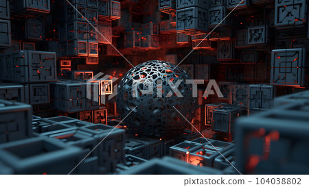 intricate wallpaper composed of grey complex surface sphere surrounded with cuboid shapes, neural network generated image intricate wallpaper composed of grey complex surface sphere surrounded with cuboid shapes, neural network generated image 104038802