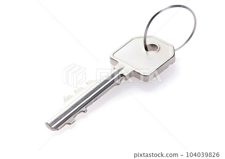 one simple silver metal key with ring isolated on white background, neural network generated image 104039826