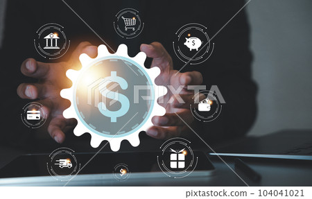 Seamless payment process with wallet app and laptop. Woman completes purchase through credit card app while shopping online 104041021